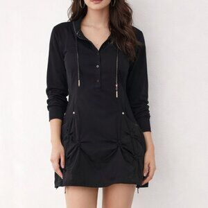 Tribal Woman's pullover black jacket dress with ruched detail and pockets